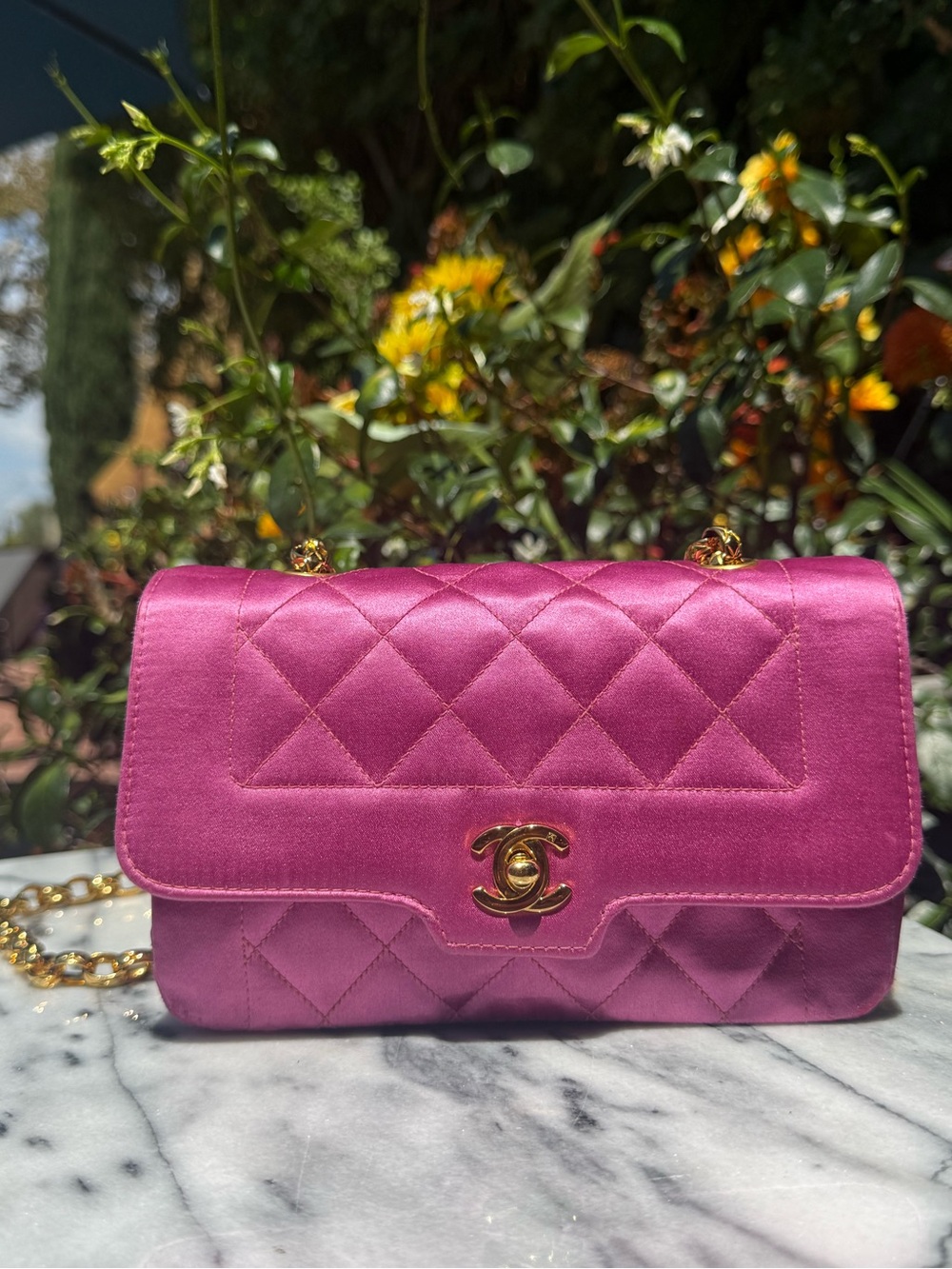 CHANEL Hot Pink Quilted Satin Mini Flap Bag with 24k Gold Bijoux Chain/Hardware